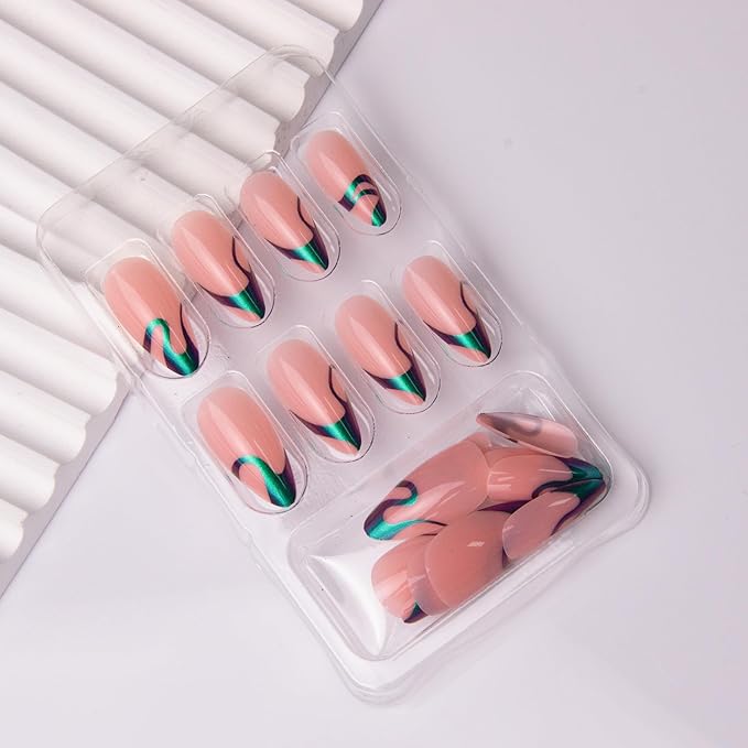 Press on Nails Almond Fake Nails French Tip False Nails with Chrome Stripes Line Design Chrome Medium Acrylic Nails Press ons Glossy Full Cover Glue on Nail for Women Manicure 24Pcs