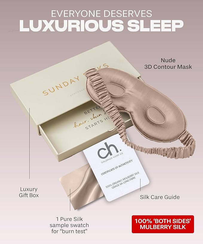 SUNDAYSILKS™ 3D Contoured Silk Sleep Mask | Padded Silk Eye Mask with Eye Cups for Lash Extensions | Blackout, Organic for Women & Men, Perfect for Travel, Slip-Free Deep Sleeping, Antifaz para Dormir