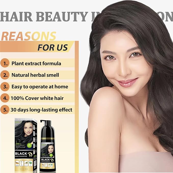 Instant Black Hair Shampoo, 3 in 1 Natural Hair Dye Shampoo with Herbs, Cover Greys Hair for Men & Women, Permanent Hair Color - Ammonia Free 400ml (Black)