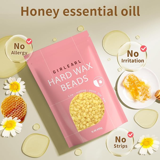 Hard Wax Beads, 1lb Honey Wax Beans for Hair Removal, Hard Wax for Sensitive Skin at Home, Wax Refill Perfect for Brazilian Bikini, Legs, Facial, Eyebrow and Full Body for Women and Men