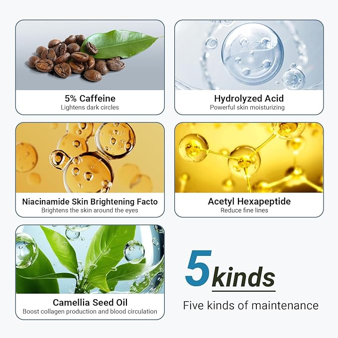 Eye Cream with 5% Caffeine Hyaluronic Acid, Eye Serum with 360° Roller Massage Ball for Puffy, Fine Lines, Dark Circles and Wrinkles, Under eye Treatment Serum for Women & Men