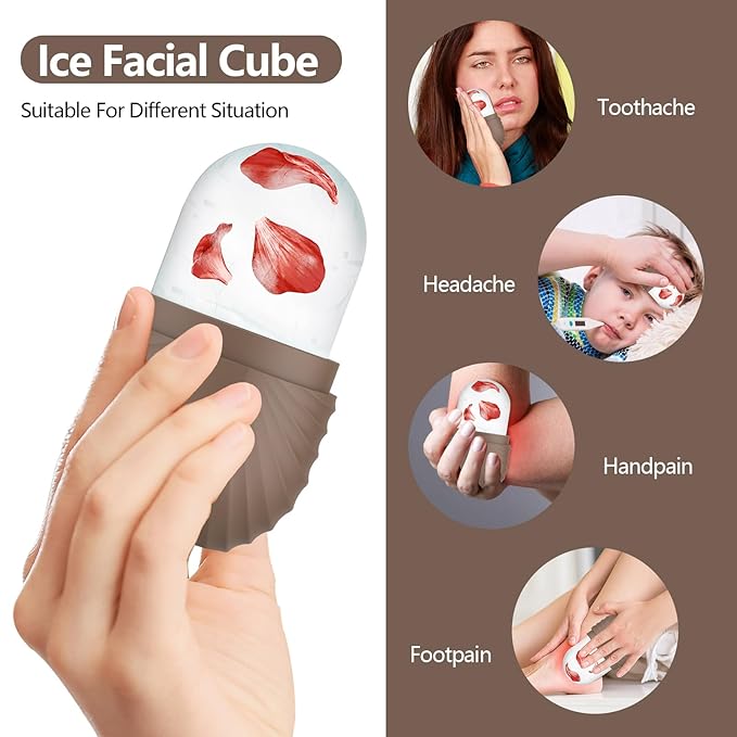 Ice Roller for Face and Eye, Silicone Ice Facial Roller Ice Holder, Face Ice Mold Skin Care, Face Icers Reusable Ice Cube Roller for Shrink Pores Anti Wrinkle Reduce Puffiness, Brown