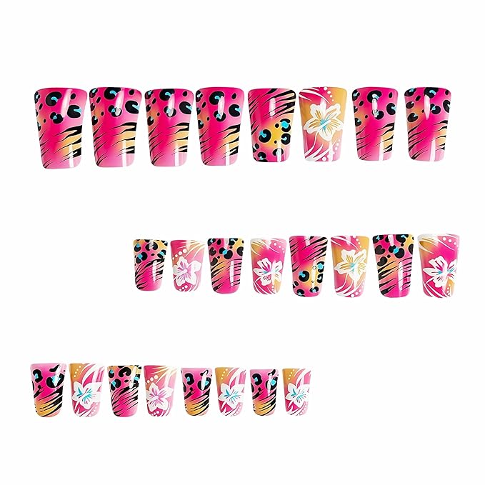 BABALAL Duck Nails Press on Fake Nails Hot Pink Glue on Nails Cheetah Y2k Acrylic Nails Hottie Gyaru False Nails with Flower Design 24Pcs Glossy Manicure Duck Bill Stick on Nails for Women Girls