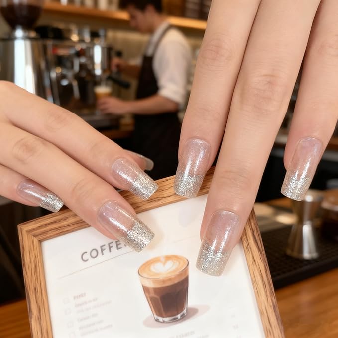 Medium Length Press on Nails Transparent Gold Glitter French False Nails Salon Manicure Reusable Stick on Nail Art Tips DIY Fake Fingernails Gift for Women Girls