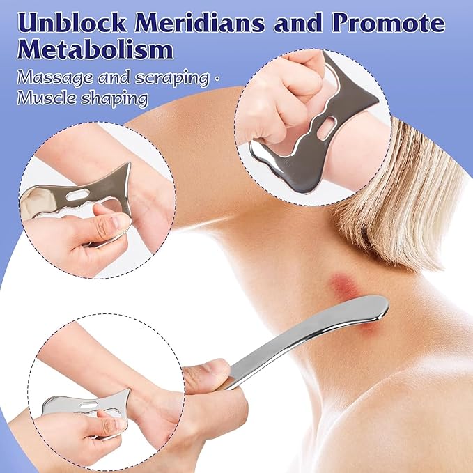 3 in 1 Guasha Massage Tool, Grade Stainless Steel Scraping Tool for Soft Tissue Upgrade Physical Therapy Stuff,Used for Back, Legs, Arms,Neck,Shoulder, Gua sha Tool… (Square+S-Shape+D-Shape)