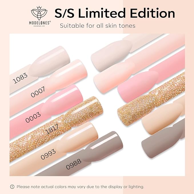 modelones Nude Gel Nail Polish Set, 6 Colors Glitter Neutral Pink Gel Polish Brown Tan All Seasons Skin Tones Soak Off LED Soapnails Manicure Salon DIY Home Starter Kit Holiday Gift for Women Girl