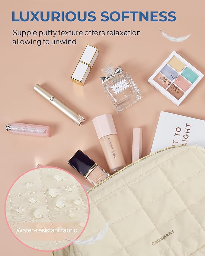 BAGSMART Makeup Bag Cosmetic Bag Wide Open, Beige, M, Wide-open Travel Makeup Bag With Puffy Padded and Rectangular Quilted