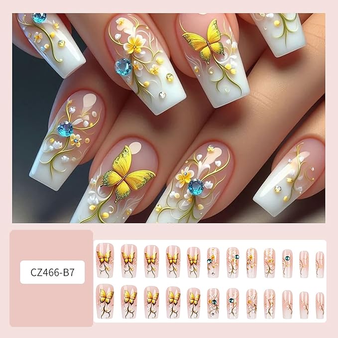 Flower Press on Nails Medium Ballet Shaped Glitter Rhinestones Buttefly Pattern Design Gradient Artificial False Nails Full Cover Reusable Glue on Nail for Women Blossom Manicure 24Pcs
