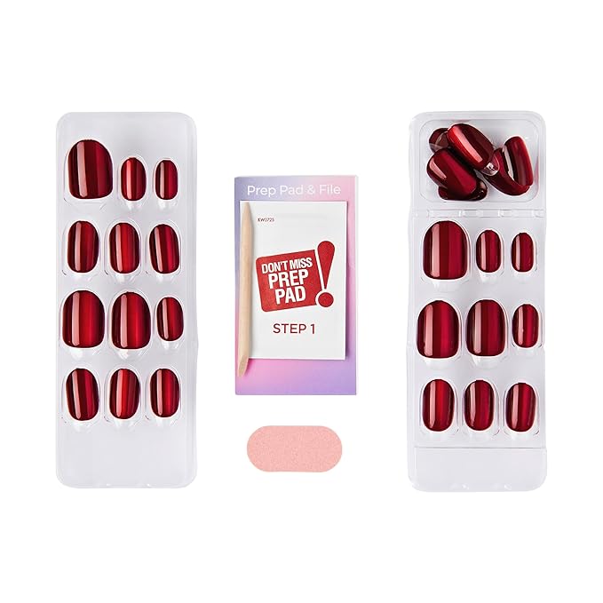 KISS imPRESS No Glue Mani Press On Nails, Color FX, 'Hidden Gem', Red, Short Size, Oval Shape, Includes 30 Nails, Prep Pad, Instructions Sheet, 1 Manicure Stick, 1 Mini File