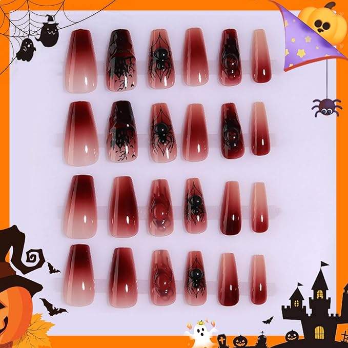 Halloween Coffin Press On Nails Medium Long, Blood Red Ombre Fake Nails with 3D Spider Embellishments, Blood Drip Effect & Haunted Castle Patterns Reusable fall Glue on Nails Kit for Women