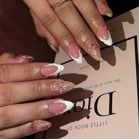 24Pcs Flower Press on Nails Medium Almond French Tip Fake Nails with White 3D Ripple Design Gilding Pearl False Nails Full Cover Artificial Glue on Nails Spring Summer Stick on Nails for Women DIY