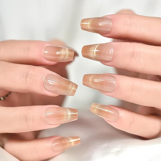 Shimmery Cat Eye Press On Nails Coffin Medium Length Nails Women Girls Gifts Shiny Salon Manicure Light Brown Nude Gel Nail Art Tips Fake Nails Reusable Acrylic False Nails Glue On Nails