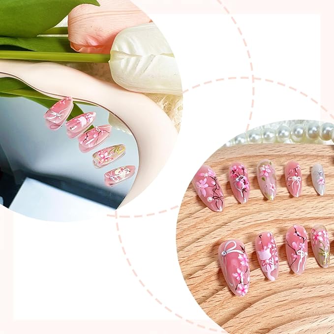 30pcs Pink Flower Cute Cat Almond Acrylic Press-On False Nails Kit with Rhinestone Pearl Designs, Bow, Summer Floral Nail Decoration