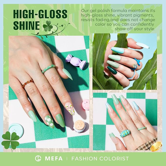 MEFA Green Gel Nail Polish Set 6 Colors, Sage Green Mist Blue Light Grey Dark Olive Shades Earth Tone Gel Polish Matcha Avocado Soak Off Nail Art Design Home Manicure Kit Gifts St. Patrick's Day