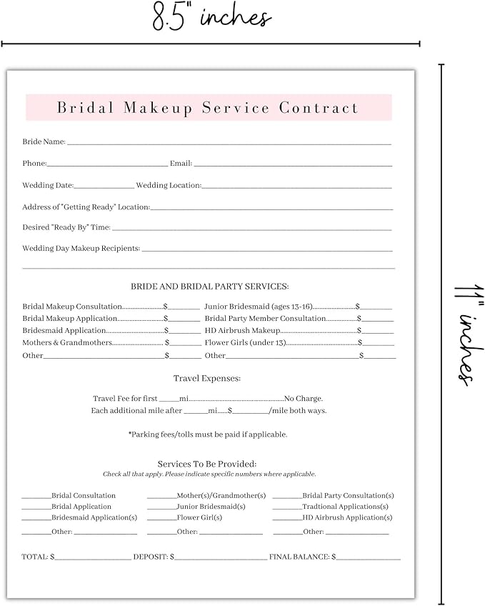 Bridal Makeup Service Contract | 100 Pack | 8.5 x 11" A1 Forms | Makeup Artist Supplies | Bridal Contract | White and Pink Forms