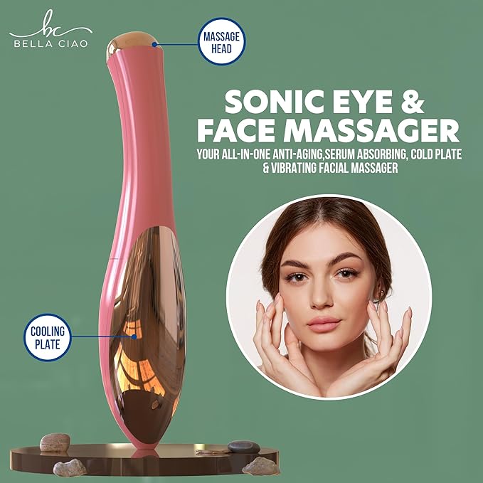 Bella Ciao Sonic Face and Eye Massager for Women, Cordless Face Massager with Cooling and Vibrating Function for Dark Circles and Under-Eye Bags, Serum and Eye-Cream Applicator, Battery-Operated Tool