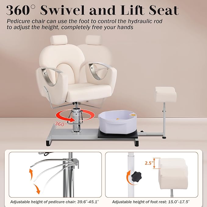 Pedicure Station No Plumbing, Hydraulic Pedicure Chair for Nail Tech, Height Adjustable Reclining Pedicure Station Unit, 360 Degree Swivel Foot Spa Chair with Massage Foot Bath (White)
