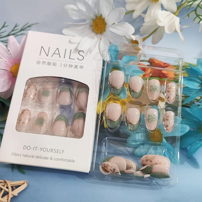 3D Flower Press on Nails Glossy Green Short Oval False Nail 24Pcs Gold Leaves Press ons Fingernails Curve Line Gel Glue on Acrylic Fake Nails French Tips Stick on Nail for Holiday Manicure Art