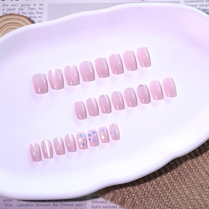 Medium Squoval Press On Nails with Cat Eye Base – Nude Pink Acrylic Fake Nails, 24PCS Glitter Glossy Stick On Nail Kit, Reusable False Nails with Adhesive & Tools for Women