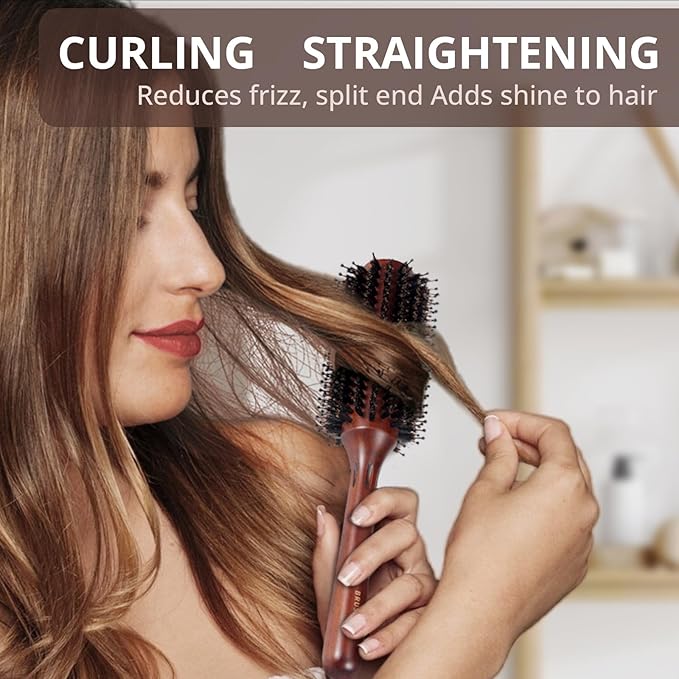 Round Boar Bristle Brush for Blow Out, Blow Drying, Straightening, Styling, 2.8in, Brown - Adds Shine & Volume for Women & Men