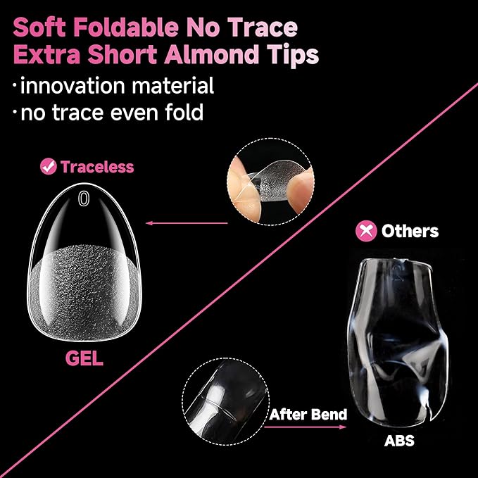 UNA GELLA Extra Short Almond Nail Tips, 312pcs XS Short Almond Gel Nail Tips Pre-Shaped Half Matte Full Cover No Need File Soft Gel Clear Fake Nails for Nails Extension Home DIY Salon 12 Sizes