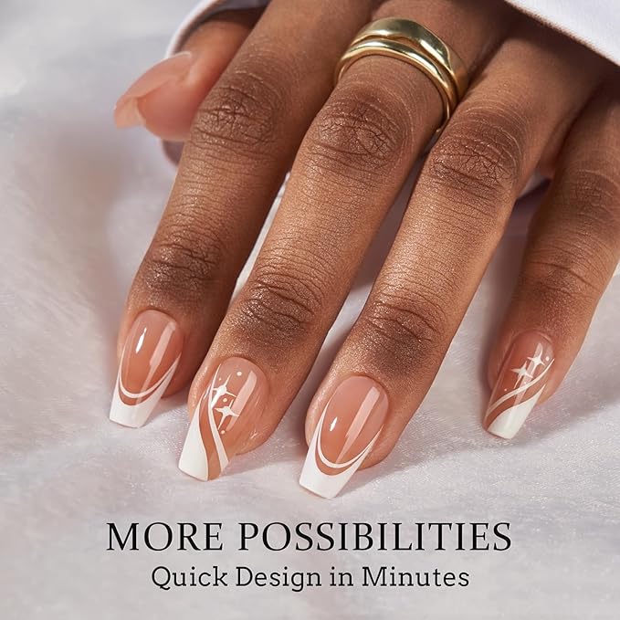 BTArtbox French Tip Press on Nails - 5 Styles XCOATTIPS Short Coffin Nails, Pre-Designed Swirl Soft Gel Nail Tips, Ultra Fit False Nails, Soak Off Acrylic Fake Nails Extensions for Nail Art