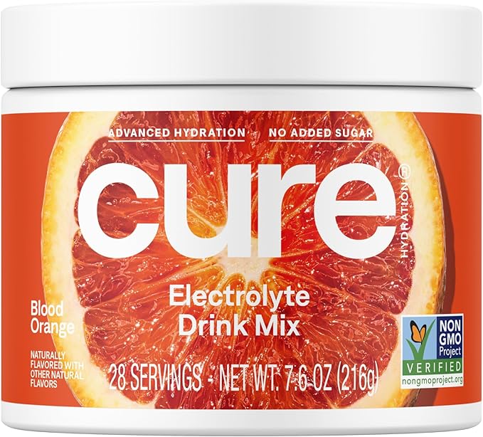 Cure Hydration | Plant-Based Electrolyte Drink Mix | No Added Sugar | Dehydration Relief Powder Made with Coconut Water | Non-GMO | Vegan | 28 Servings Jar - Blood Orange