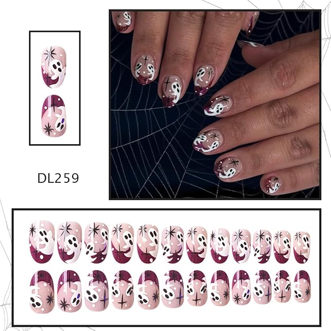 Halloween French Tip Press on Nails Short Almond Fake Nails with Design Glossy Full Cover Acrylic Nails Cute Ghost Halloween False Nails Reusable Stick on nails for Women DIY Holiday Nails Decor 24Pcs