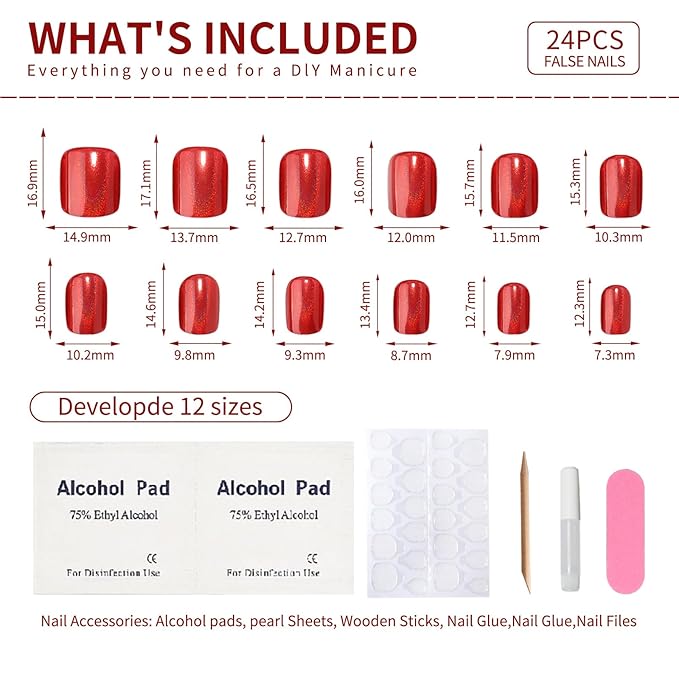 Red Press on Nails Short Square, Chrome Press on Nails, Fashion Gel Fake Nails, Reusable Acrylic Fake Nails, Glossy Stick on Nails, Thick Reusable Glue On Nails for Women, 24Pcs