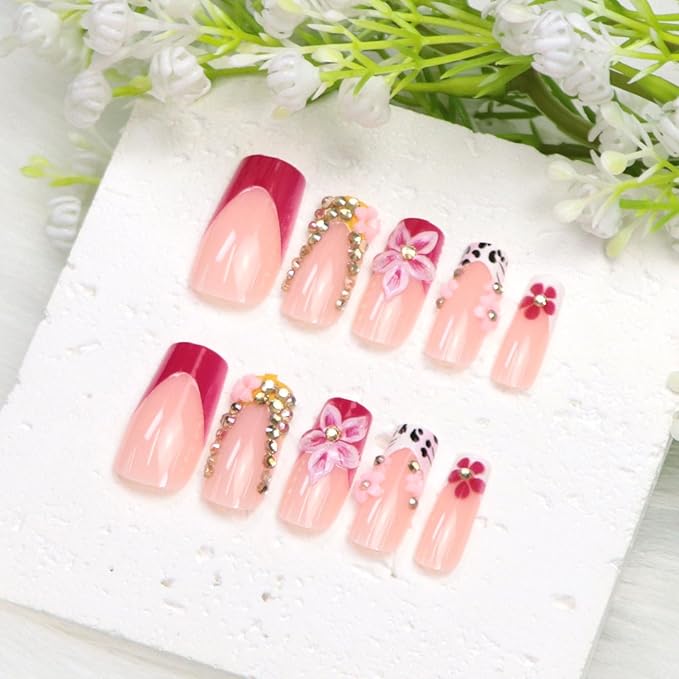 Pink French Tip Press on Nails Medium Square Fake Nails with 3D Flower Rhinestones Designs White Nails Press ons Spring Acrylic Nails for Women 24Pcs