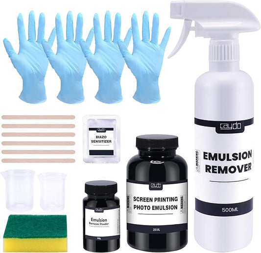 Caydo Screen Printing Emulsion Kit Includes Screen Printing Emulsion Remover Powder (Mix - 2000oz), Screen Printing Photo Emulsion (8.5 oz), Diazo Sensitizer, Screen Printing Supplies