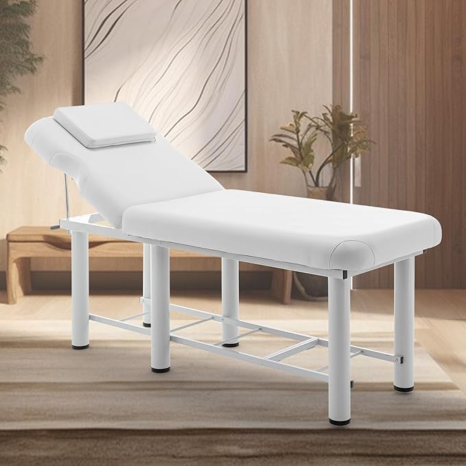 Professional Massage Table with Backrest, Faux Leather Stationary Physical Therapy Table, Metal Frame Barber Beauty Equipment, Removable Headrest Treatment Table Salon Spa Bed, White