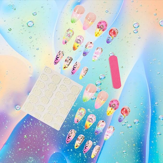 24Pcs 3D Flower Press ons Fingernails Glossy Colorful Medium Almond False Nail French Tips Gel Glue on Acrylic Fake Nails Rhinestones Stick on Nail Leaves Press on Nails for Holiday Manicure Art