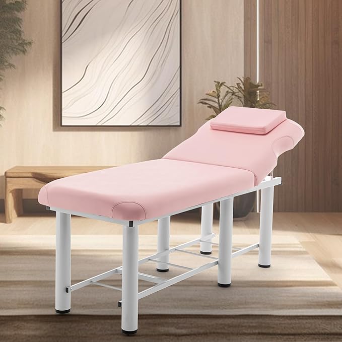 Professional Massage Table with Backrest, Faux Leather Stationary Physical Therapy Table, Metal Frame Barber Beauty Equipment, Removable Headrest Treatment Table Salon Spa Bed, Pink