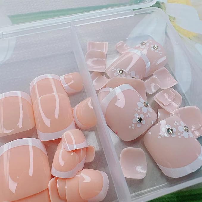 French Tip Press on Toenails Pink Fake Toe Nails with Floral Design Summer False Toenails White French Tips Toe Nails Kit Press ons Glossy Cute Toenails Flower Rhinestones Nails for Women 48Pcs