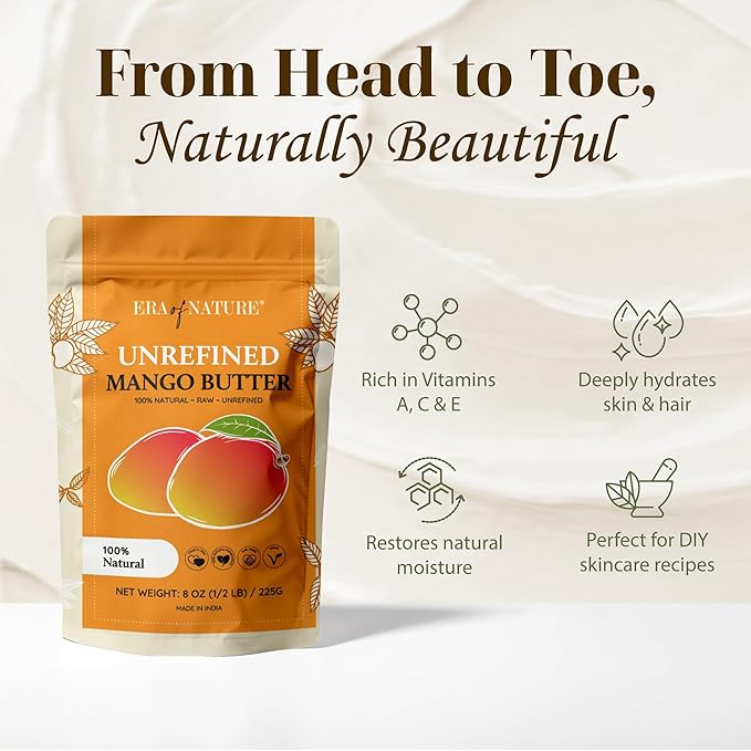 era of nature Organic Unrefined Raw Mango Body Butter Block 8oz - Moisturizing Mango Seed Raw Butter Bar for Skin & Hair, DIY Lip Balm Base, Cream, Soap & Lotion Making Supplies Kit, Personal Skincare