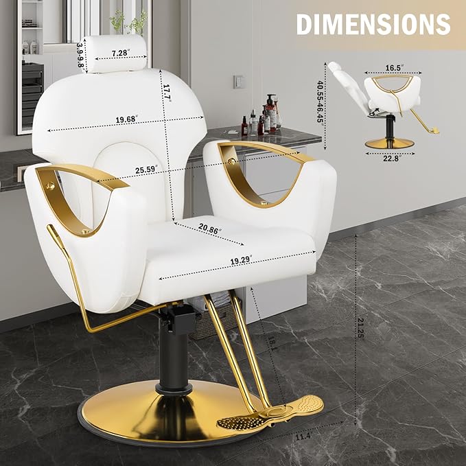 Salon Chair for Hair Stylist, Reclining Hair Salon Chair for Home, Barber Styling Chairs with Heavy Duty Hydraulic Pump, 360 ° Swivel, Multi-Function Beauty Spa Equipment White Gold