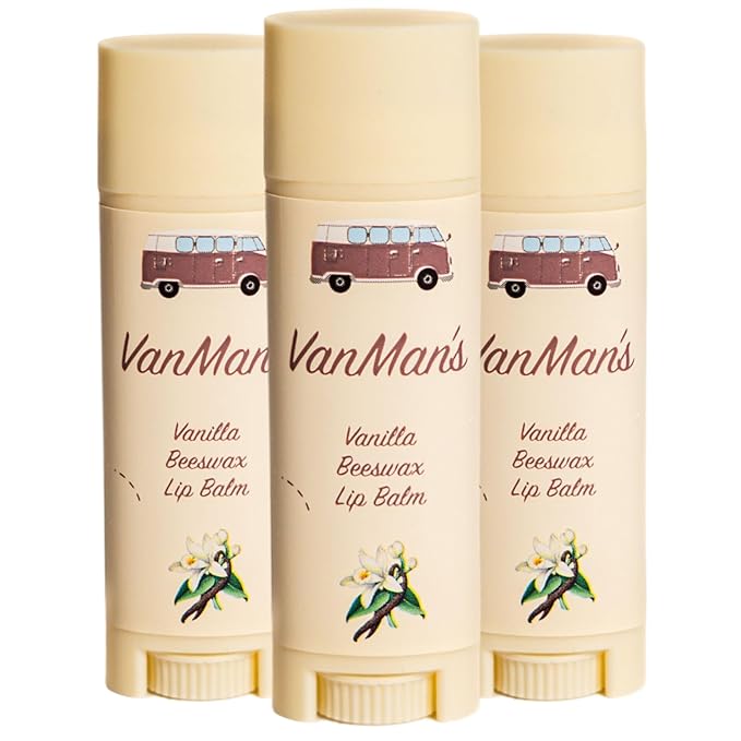 VanMan Beeswax Lip Balm Tube – Organic Tallow Balm with Grass-Fed and Finished Suet Beef Tallow, Sweet Almond Oil, and Lanolin – Hydrating Lip Moisturizer – Vanilla – 3 Tube Pack