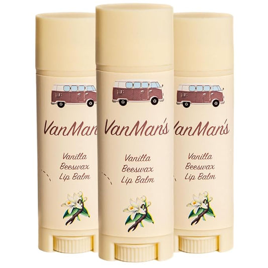 VanMan Beeswax Lip Balm Tube – Organic Tallow Balm with Grass-Fed and Finished Suet Beef Tallow, Sweet Almond Oil, and Lanolin – Hydrating Lip Moisturizer – Vanilla – 3 Tube Pack