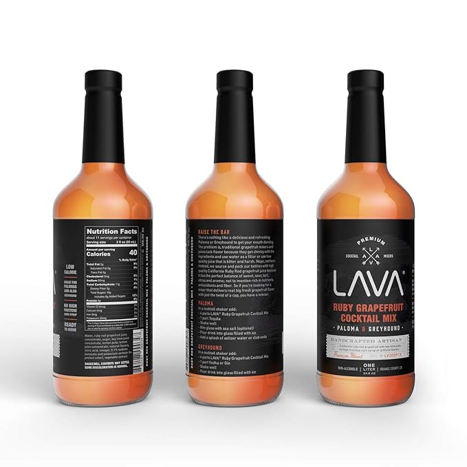 LAVA Premium Skinny Paloma Mix Craft Cocktail Mixer, Ruby Red Grapefruit Juice, Key Lime Juice, Low Calorie, Ready to Use, No Artificial Sweeteners, Greyhound, Margarita 1-Liter (33.8oz) Glass Bottle