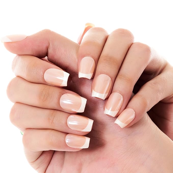 GLAMERMAID Press on Nails Extra Short Square, White French Tip Nude Chrome Spring Handmade Glue on Nails, Glossy Fake Nails Reusable Acrylic False Nails Manicure Kits for Women