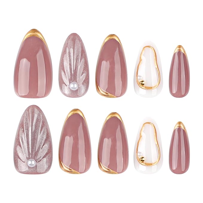 Gold French Tip Press On Nails Short Almond, 3D Line shell French Tip Sticke On Nails, Designer Reusable Acrylic Nails Press Ons, Fake Nail With Glue On, Daily Wea False Nail For Women