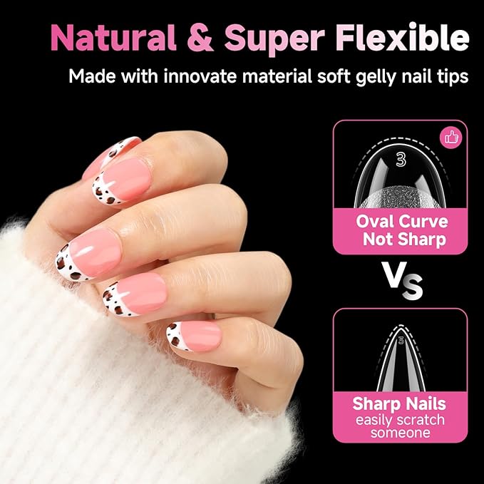 UNA GELLA Short Oval Round Nail Tips, Pre Etched Short Oval Gel Nail Tips Soft Gel Full Cover Press on Nails for Nails Extension Art DIY Salon 216Pcs 12 Sizes