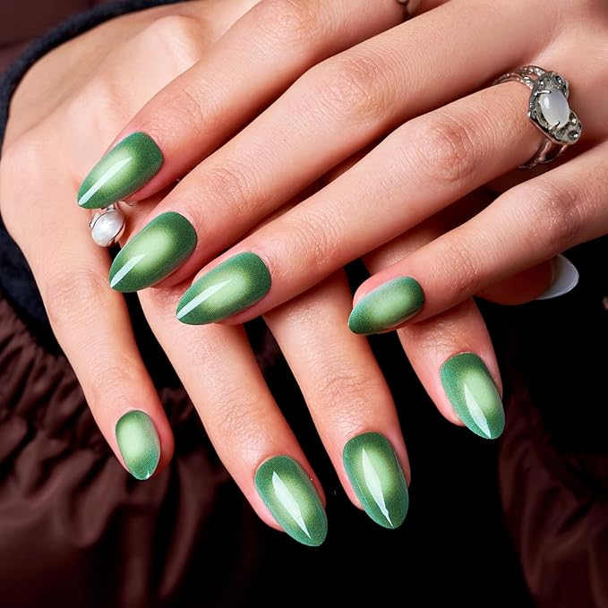 Wooyas Press on Nails Almond, Ombre Green Short Stiletto Glossy False Nails,Reusable Salon Perfect Fake Nail Kit in 12 Sizes - 24 Pcs Soft Gel Glue On Nails Kit for Women Gift