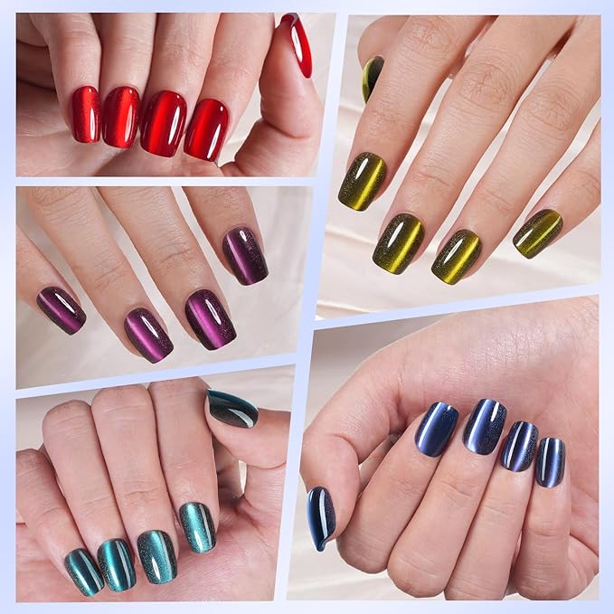 Misssix Cat Eye Press On Nails, 150Pcs Short Square Cat Eye Nail Tips, Glossy Glitter Soft Gel Stick On Nails, Reusable Fake Nails for Nail Art DIY 15 Sizes