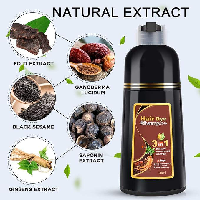 Dark Brown Hair Dye Shampoo 3 in 1 for Gray Coverage for Women Instant Natural Hair Color Shampoo Semi Permanent 500ML - Champu Para Canas Mujer