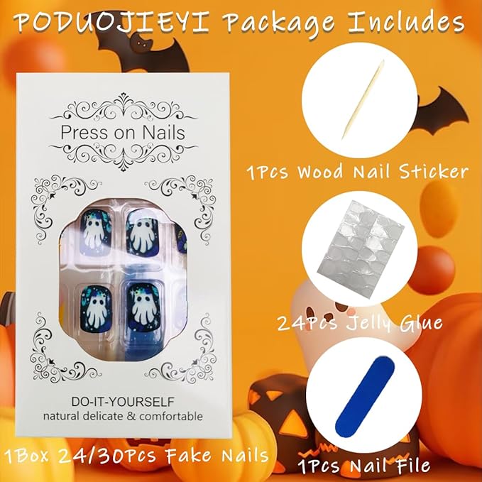 24Pcs Halloween Orange French Tip Press on Nails Short Square False Nail with Colorful Skull Flower Designs Halloween Fake Nails Cute Ghost Stick on Nail for Women DIY Manicure Decorations