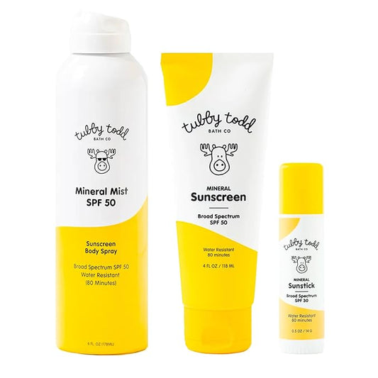 Tubby Todd Face and Body Mineral Protection Sunscreen Kit for Baby, Toddler and Kids - The Sun Bundle - Sunscreen Lotion 4 Fl Oz, Sunscreen Spray 6 Fl Oz and Sunstick 0.5 Oz - Fragrance-Free