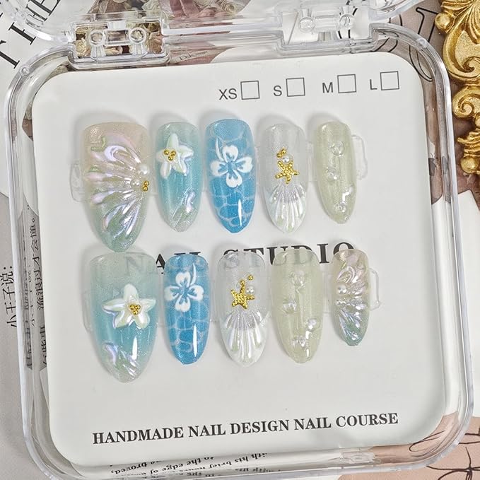 30Pcs Summer Press on Nails Medium Almond Fake Nails 3D White Flower Starfish Rhinestones Glitter Designs Full Cover Blue Glue on Nails French Tip False Nails for Women Girls Acrylic Nail Decorations