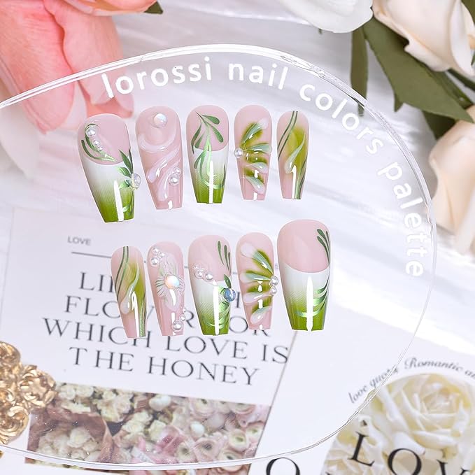 24Pcs Gradient Green Press on Nails Medium French Tip Fake Nails 3D Green Flower Glue on Nails with Pearl Rhinestones False Nails Summer Square Acrylic Nails Handmade Artificial False Nails for Women